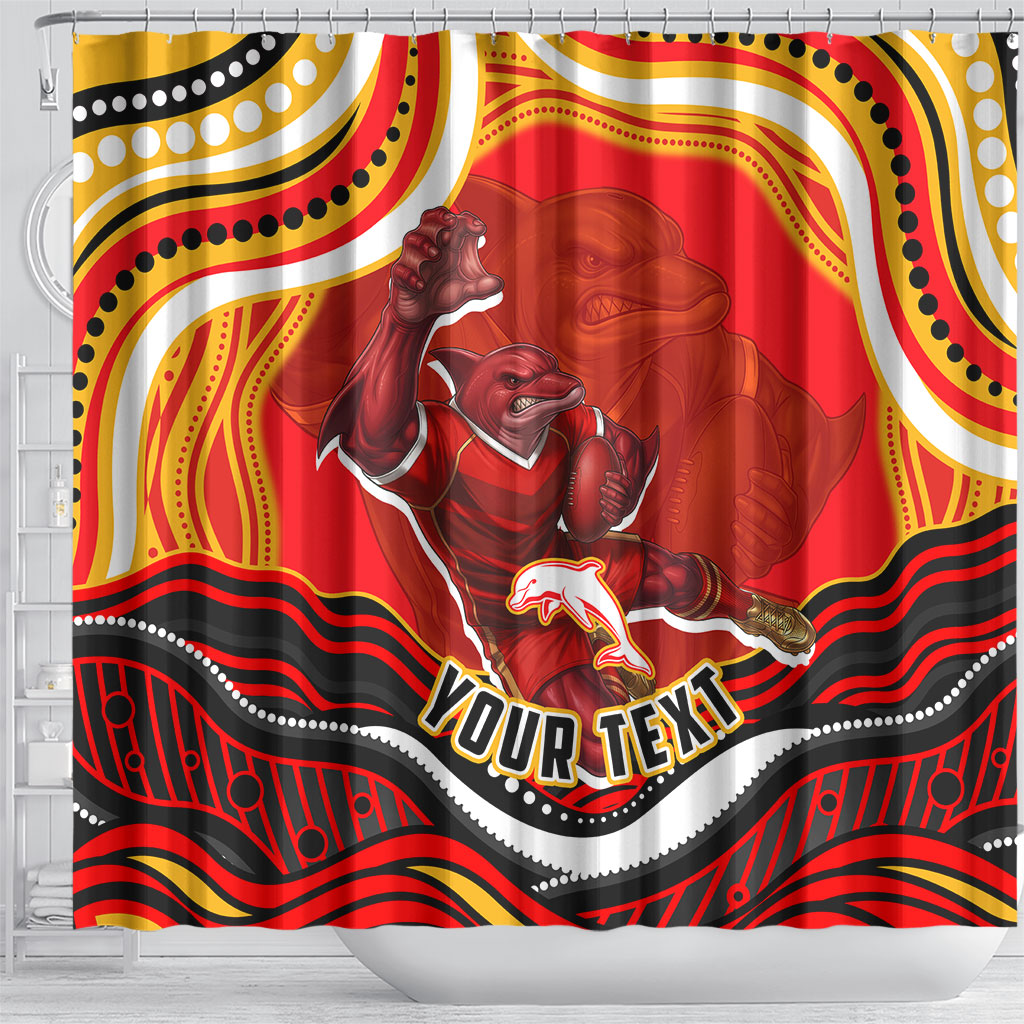 Personalized Redcliffe Dolphins Shower Curtain Aboriginal Dot Art - Dreamtime Rugby Mascot