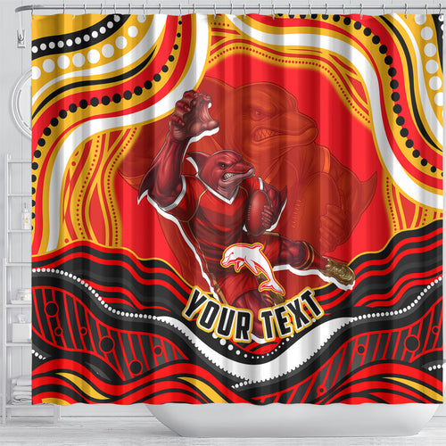 Personalized Redcliffe Dolphins Shower Curtain Aboriginal Dot Art - Dreamtime Rugby Mascot