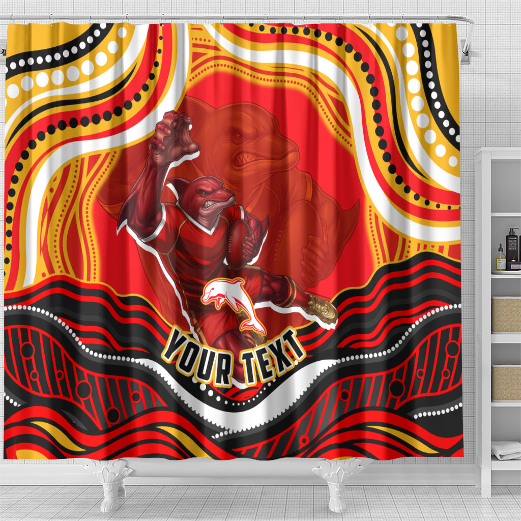 Personalized Redcliffe Dolphins Shower Curtain Aboriginal Dot Art - Dreamtime Rugby Mascot