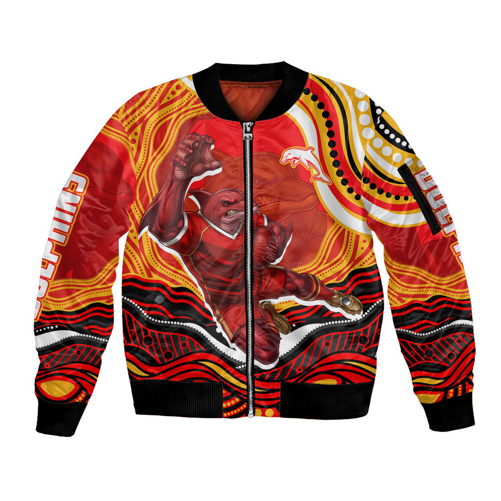 Personalized Redcliffe Dolphins Sleeve Zip Bomber Jacket Aboriginal Dot Art - Dreamtime Rugby Mascot