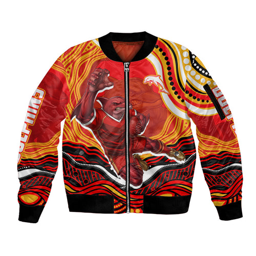 Personalized Redcliffe Dolphins Sleeve Zip Bomber Jacket Aboriginal Dot Art - Dreamtime Rugby Mascot