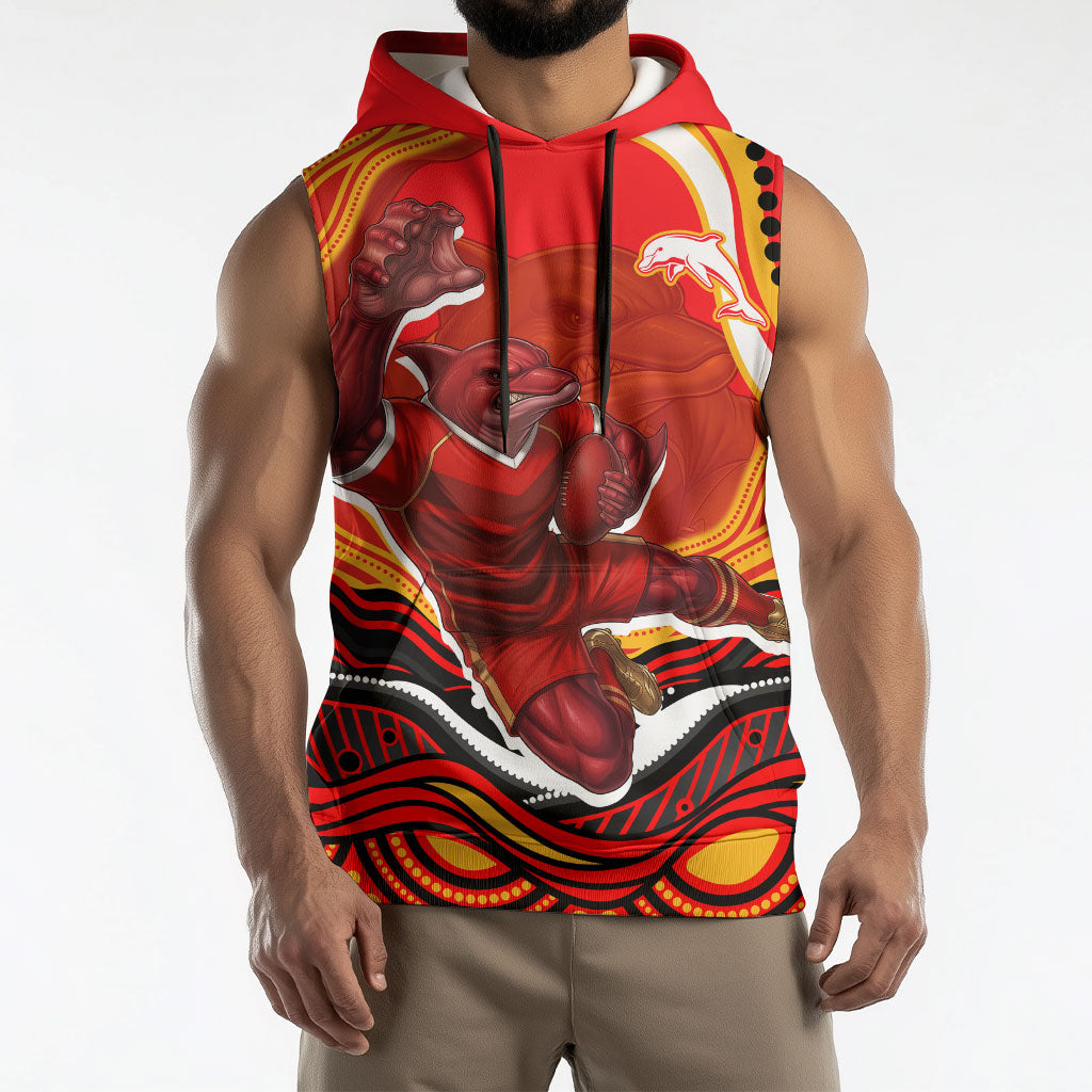 Personalized Redcliffe Dolphins Sleeveless Hoodie Aboriginal Dot Art - Dreamtime Rugby Mascot