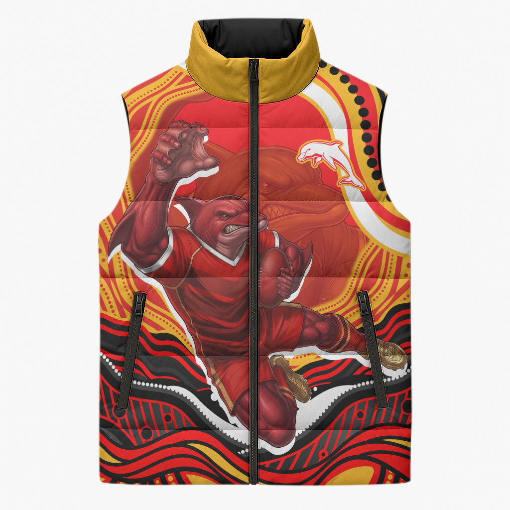 Personalized Redcliffe Dolphins Sleeveless Puffer Jacket Aboriginal Dot Art - Dreamtime Rugby Mascot