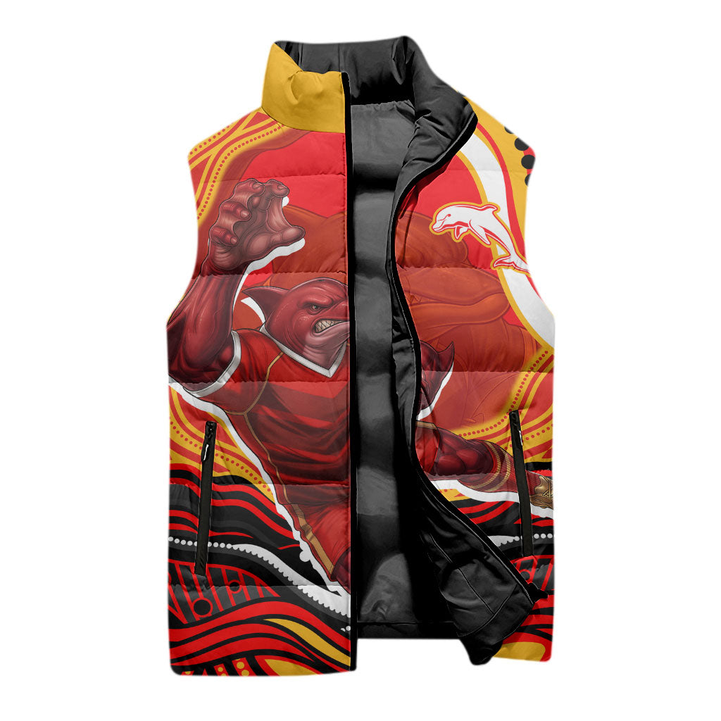 Personalized Redcliffe Dolphins Sleeveless Puffer Jacket Aboriginal Dot Art - Dreamtime Rugby Mascot