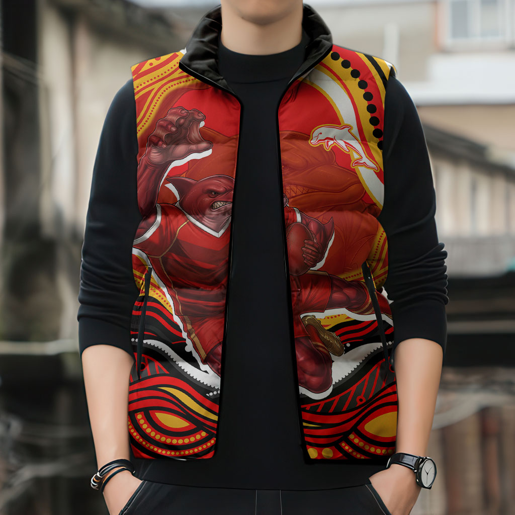 Personalized Redcliffe Dolphins Sleeveless Puffer Jacket Aboriginal Dot Art - Dreamtime Rugby Mascot