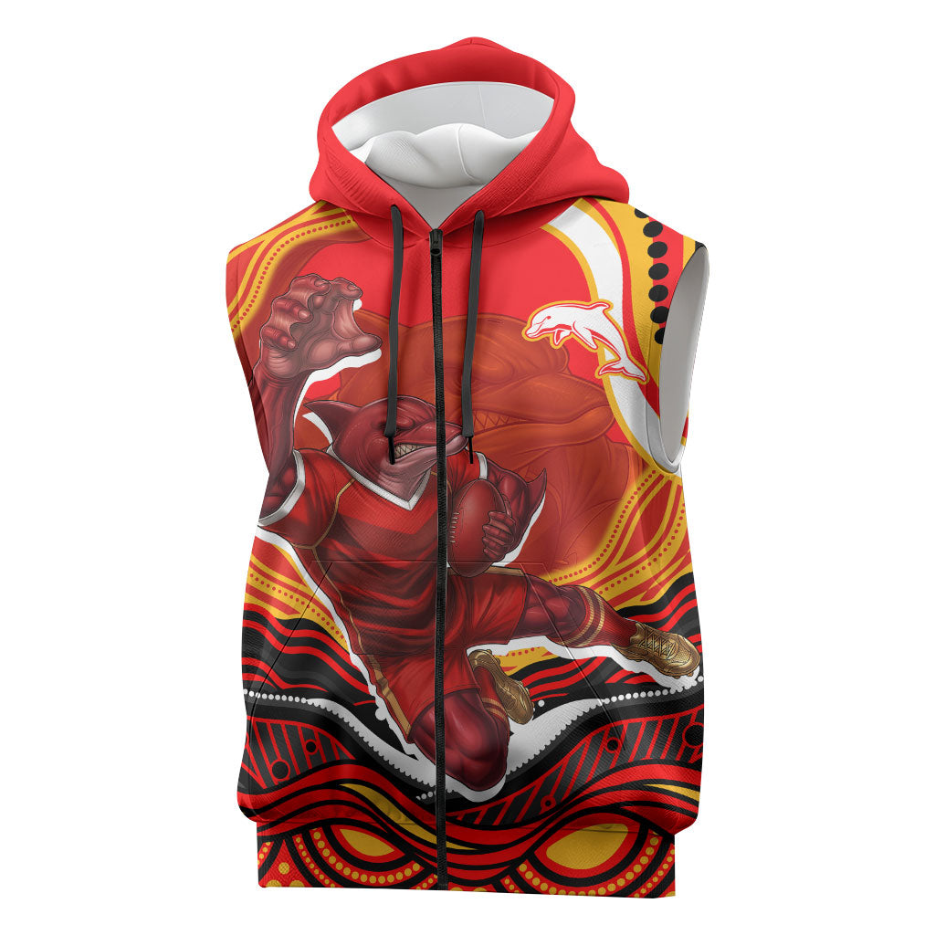Personalized Redcliffe Dolphins Sleeveless Zip Hoodie Aboriginal Dot Art - Dreamtime Rugby Mascot