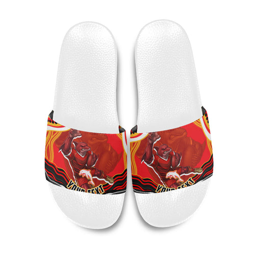 Personalized Redcliffe Dolphins Slide Sandals Aboriginal Dot Art - Dreamtime Rugby Mascot