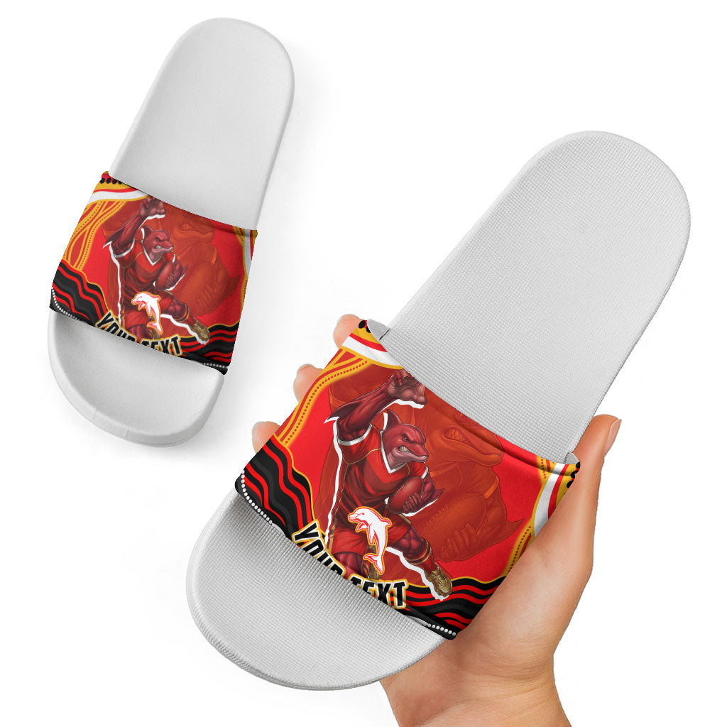 Personalized Redcliffe Dolphins Slide Sandals Aboriginal Dot Art - Dreamtime Rugby Mascot