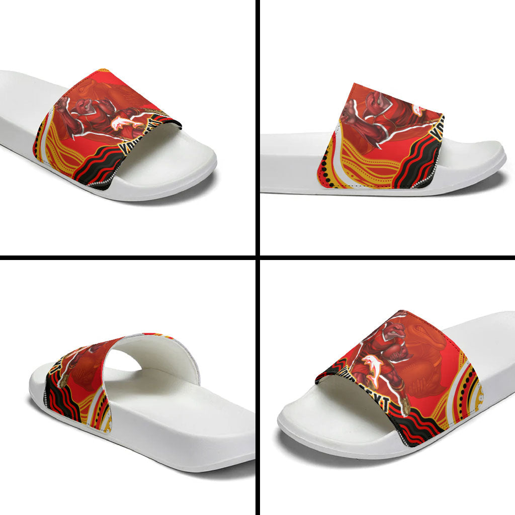 Personalized Redcliffe Dolphins Slide Sandals Aboriginal Dot Art - Dreamtime Rugby Mascot