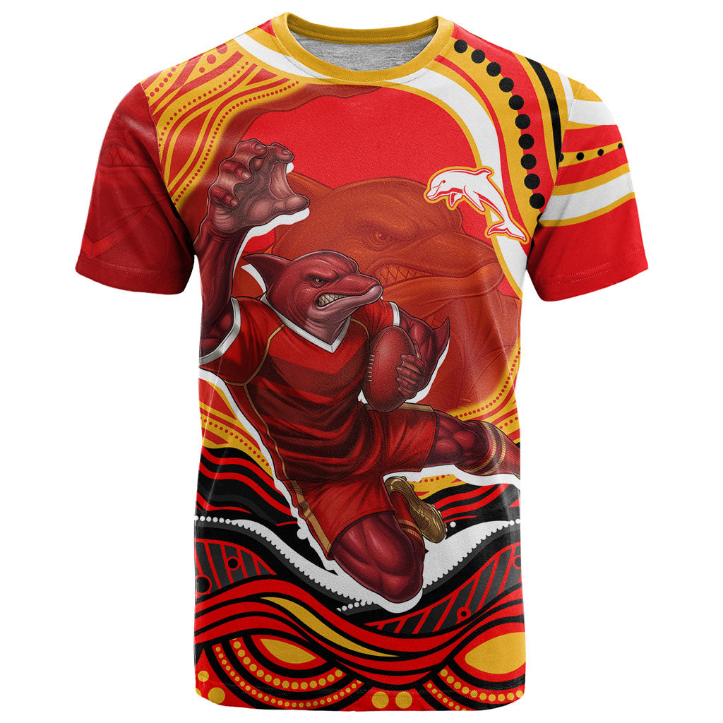 Personalized Redcliffe Dolphins T Shirt Aboriginal Dot Art - Dreamtime Rugby Mascot