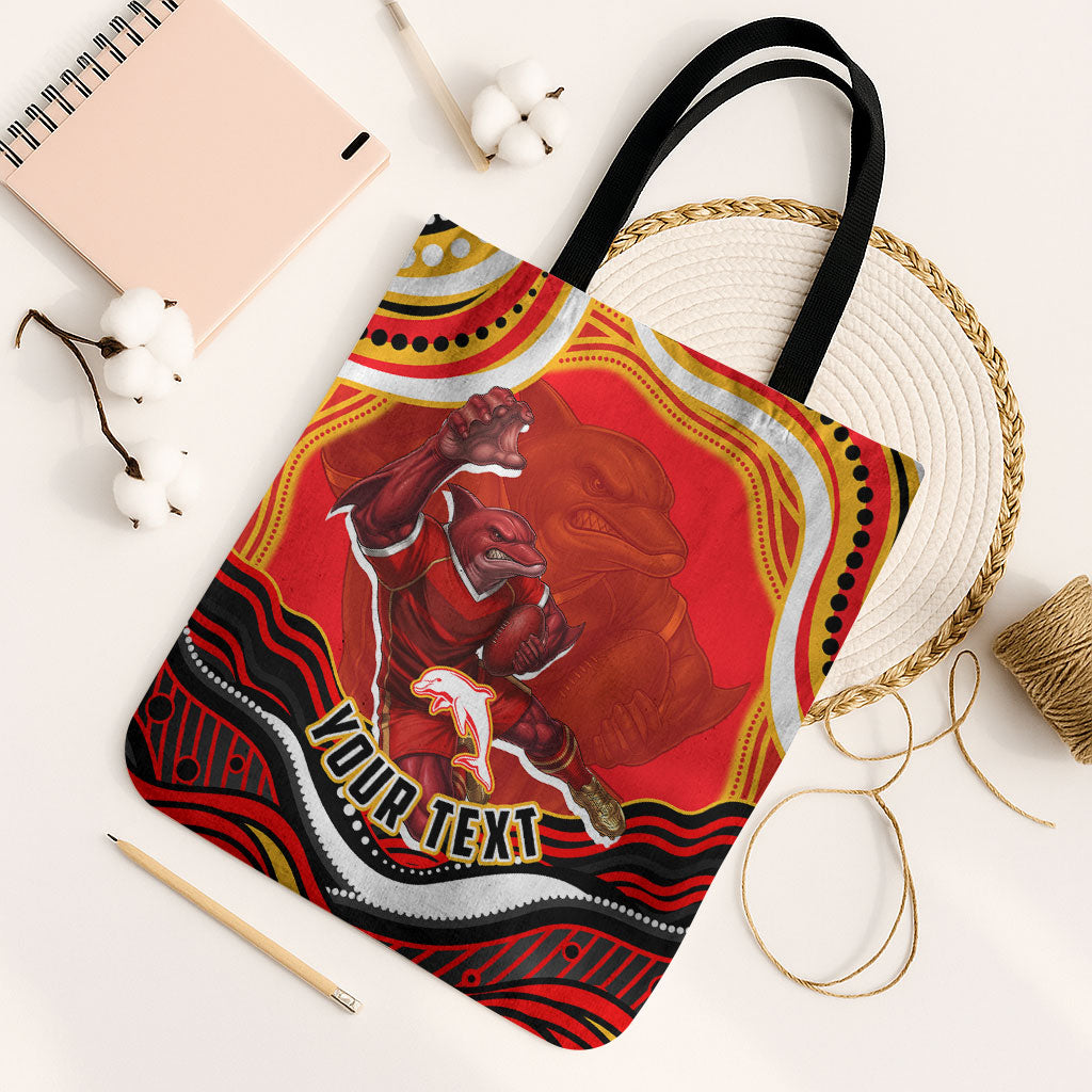 Personalized Redcliffe Dolphins Tote Bag Aboriginal Dot Art - Dreamtime Rugby Mascot