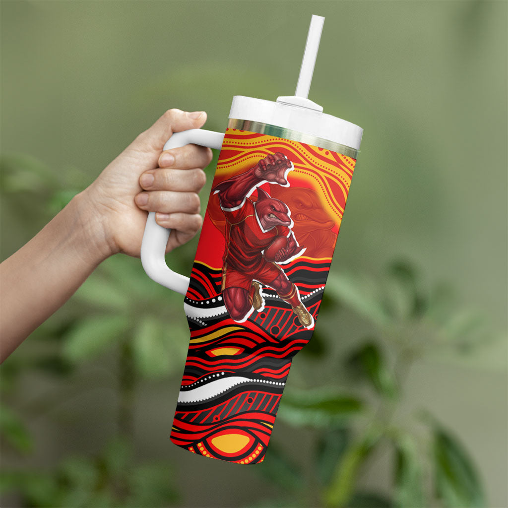 Personalized Redcliffe Dolphins Tumbler With Handle Aboriginal Dot Art - Dreamtime Rugby Mascot