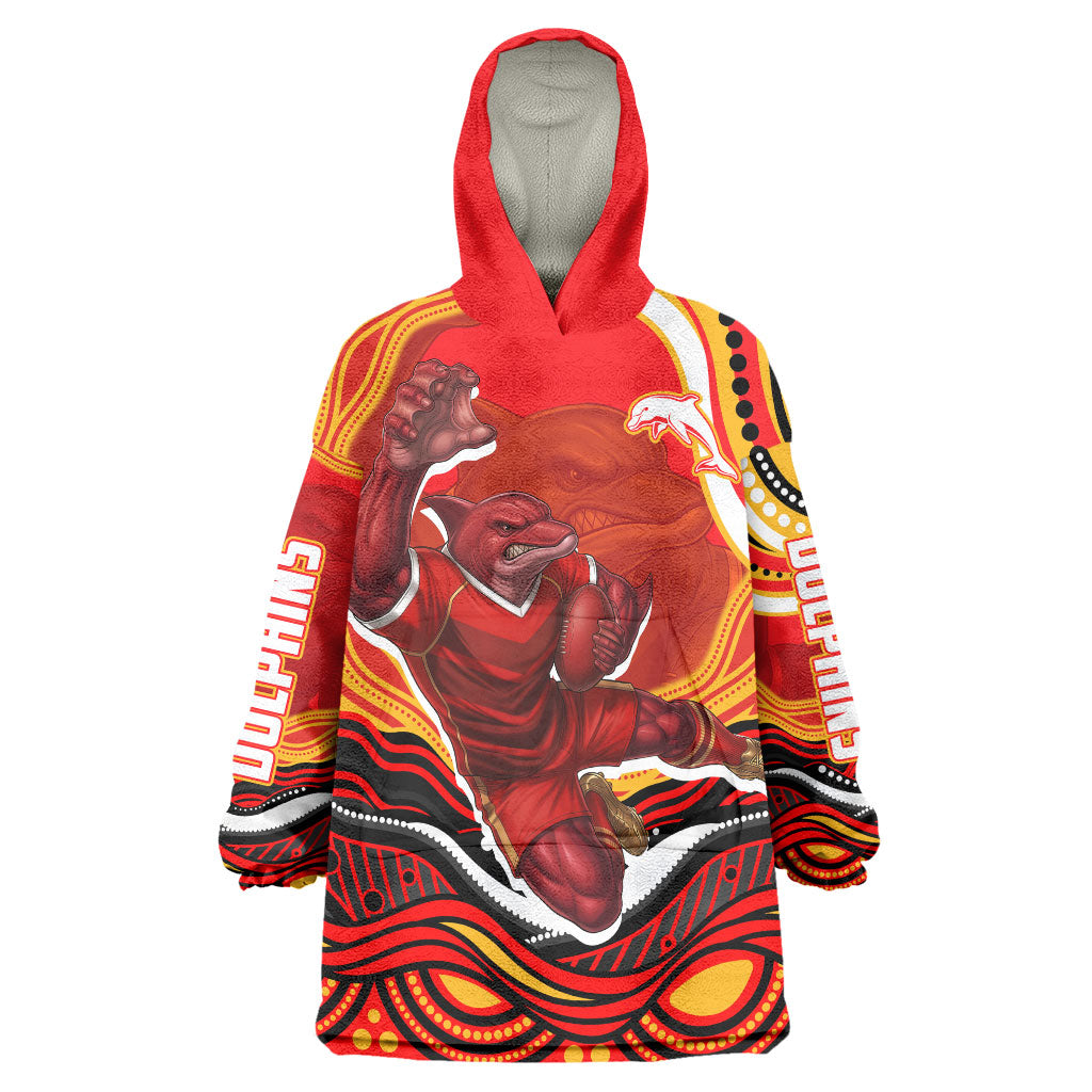 Personalized Redcliffe Dolphins Wearable Blanket Hoodie Aboriginal Dot Art - Dreamtime Rugby Mascot
