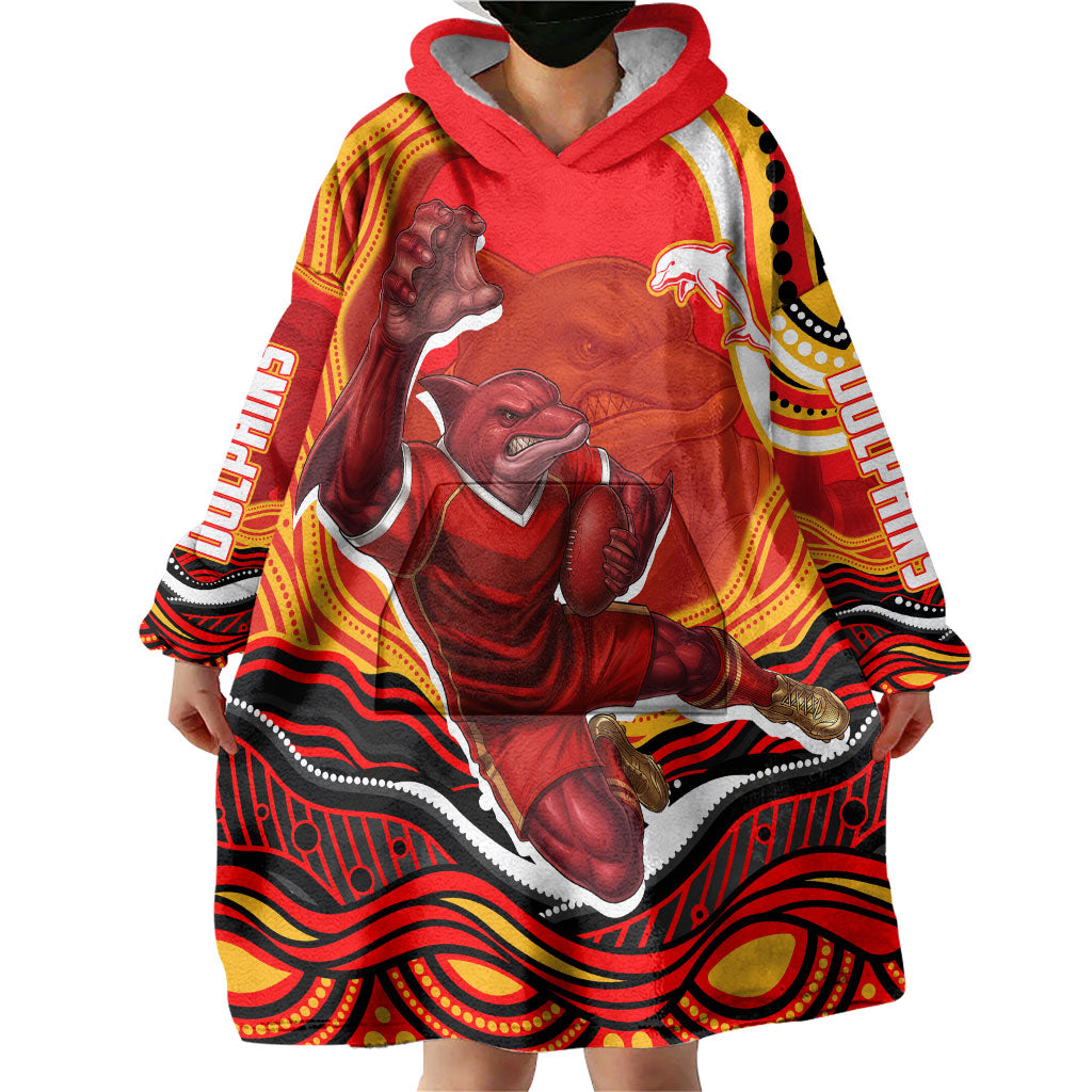 Personalized Redcliffe Dolphins Wearable Blanket Hoodie Aboriginal Dot Art - Dreamtime Rugby Mascot