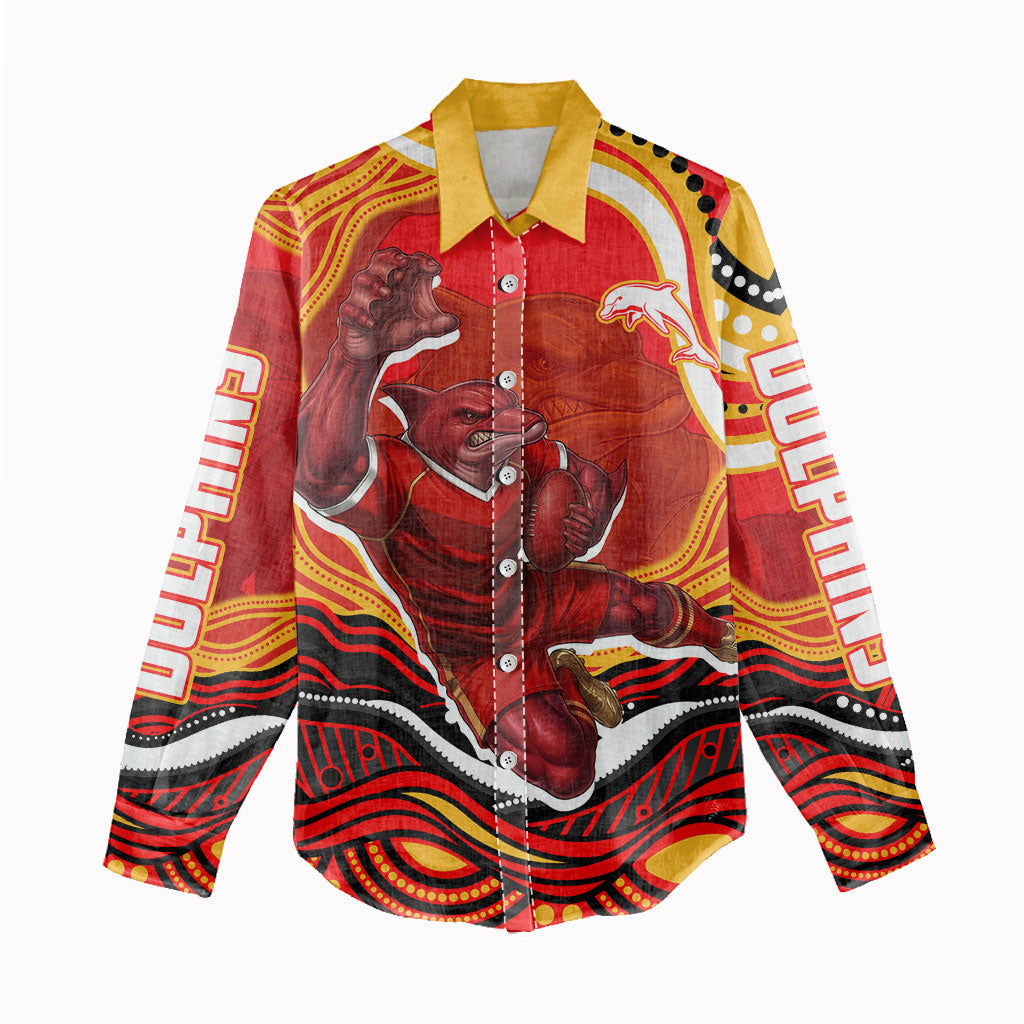 Personalized Redcliffe Dolphins Women Casual Shirt Aboriginal Dot Art - Dreamtime Rugby Mascot