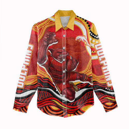 Personalized Redcliffe Dolphins Women Casual Shirt Aboriginal Dot Art - Dreamtime Rugby Mascot