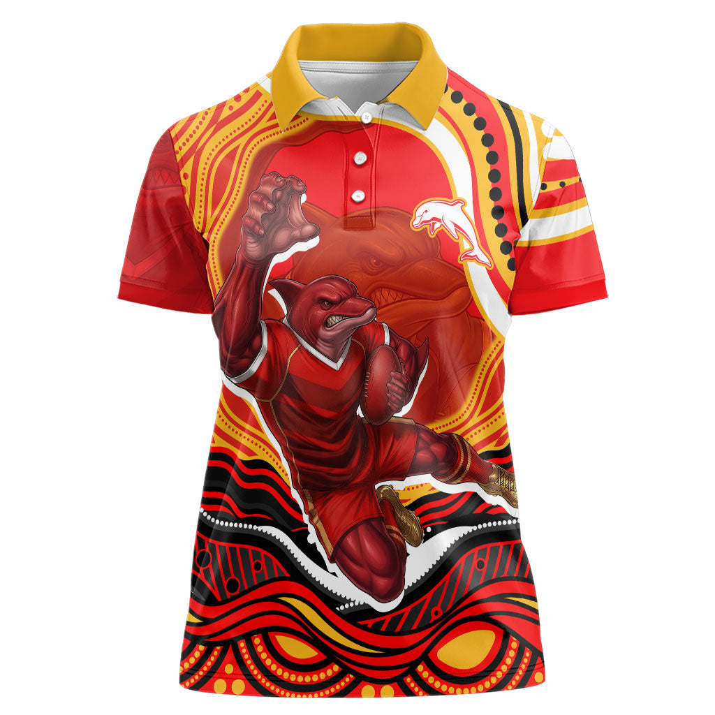 Personalized Redcliffe Dolphins Women Polo Shirt Aboriginal Dot Art - Dreamtime Rugby Mascot