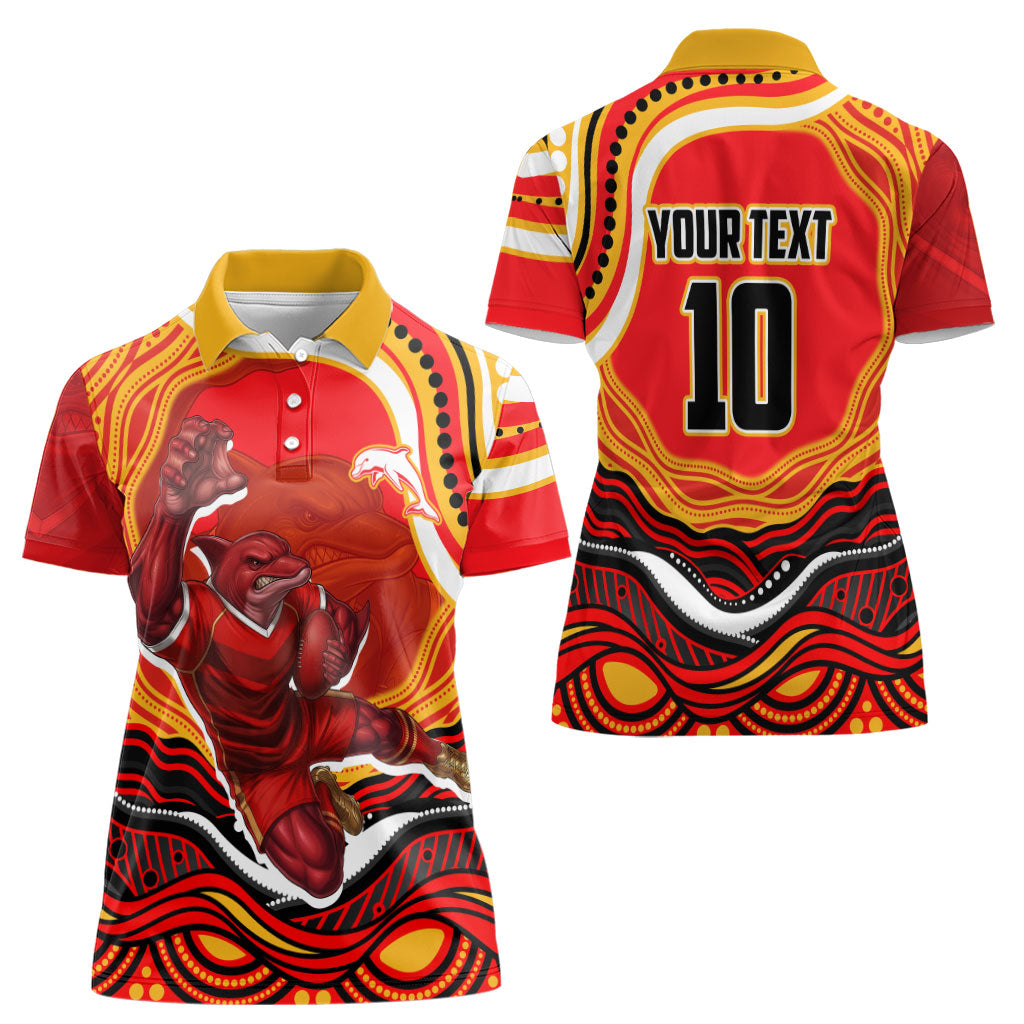 Personalized Redcliffe Dolphins Women Polo Shirt Aboriginal Dot Art - Dreamtime Rugby Mascot
