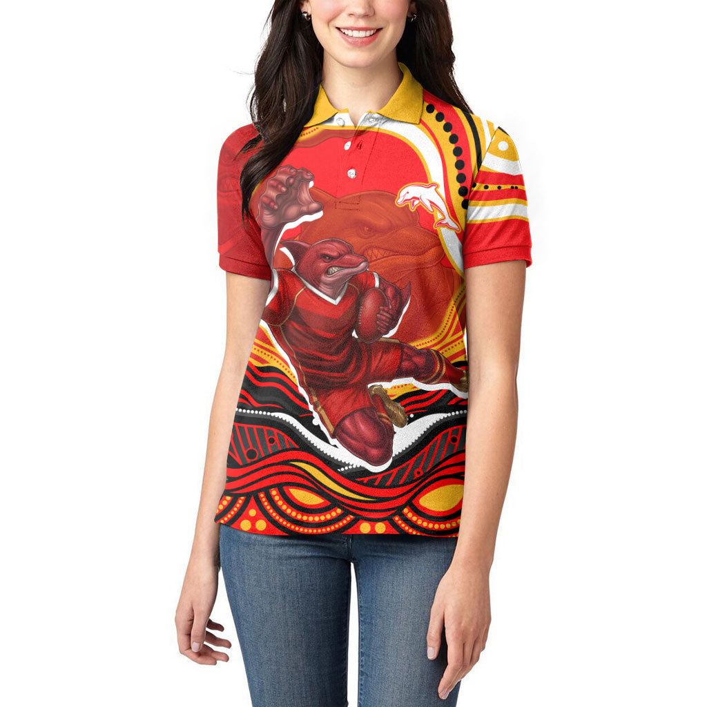 Personalized Redcliffe Dolphins Women Polo Shirt Aboriginal Dot Art - Dreamtime Rugby Mascot