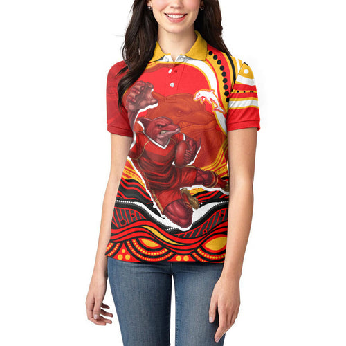 Personalized Redcliffe Dolphins Women Polo Shirt Aboriginal Dot Art - Dreamtime Rugby Mascot