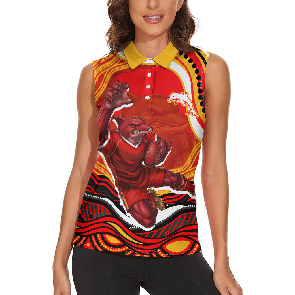 Personalized Redcliffe Dolphins Women Sleeveless Polo Shirt Aboriginal Dot Art - Dreamtime Rugby Mascot