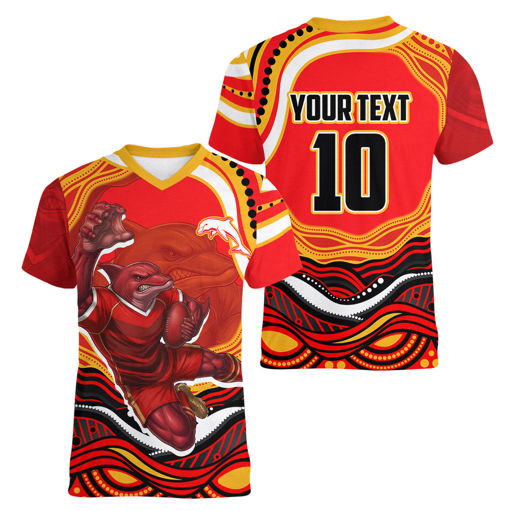 Personalized Redcliffe Dolphins Women V-Neck T-Shirt Aboriginal Dot Art - Dreamtime Rugby Mascot