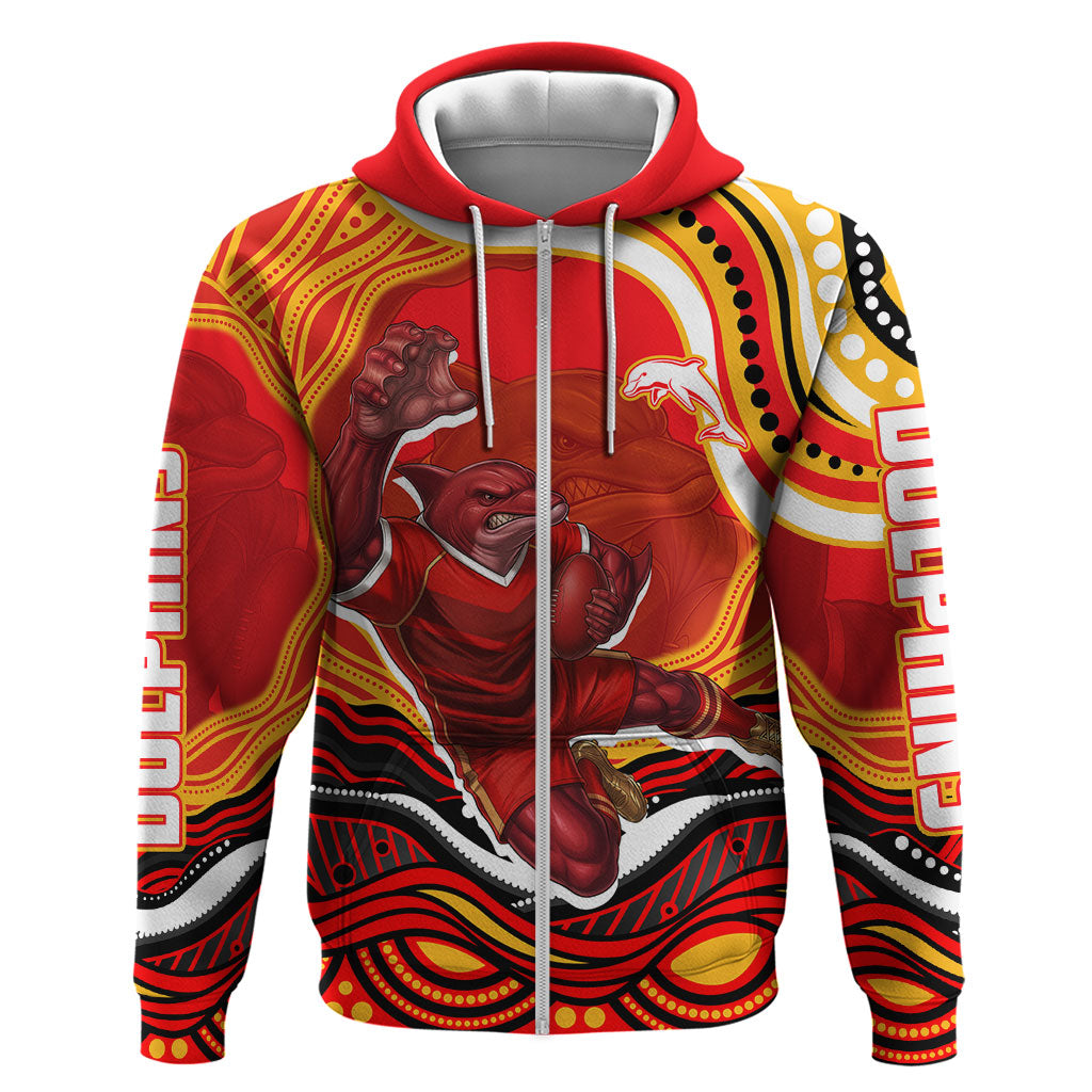 Personalized Redcliffe Dolphins Zip Hoodie Aboriginal Dot Art - Dreamtime Rugby Mascot