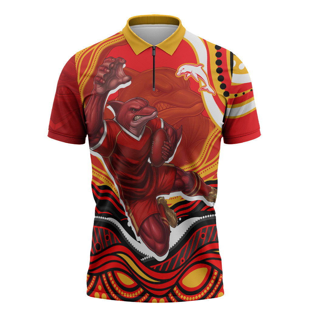 Personalized Redcliffe Dolphins Zipper Polo Shirt Aboriginal Dot Art - Dreamtime Rugby Mascot