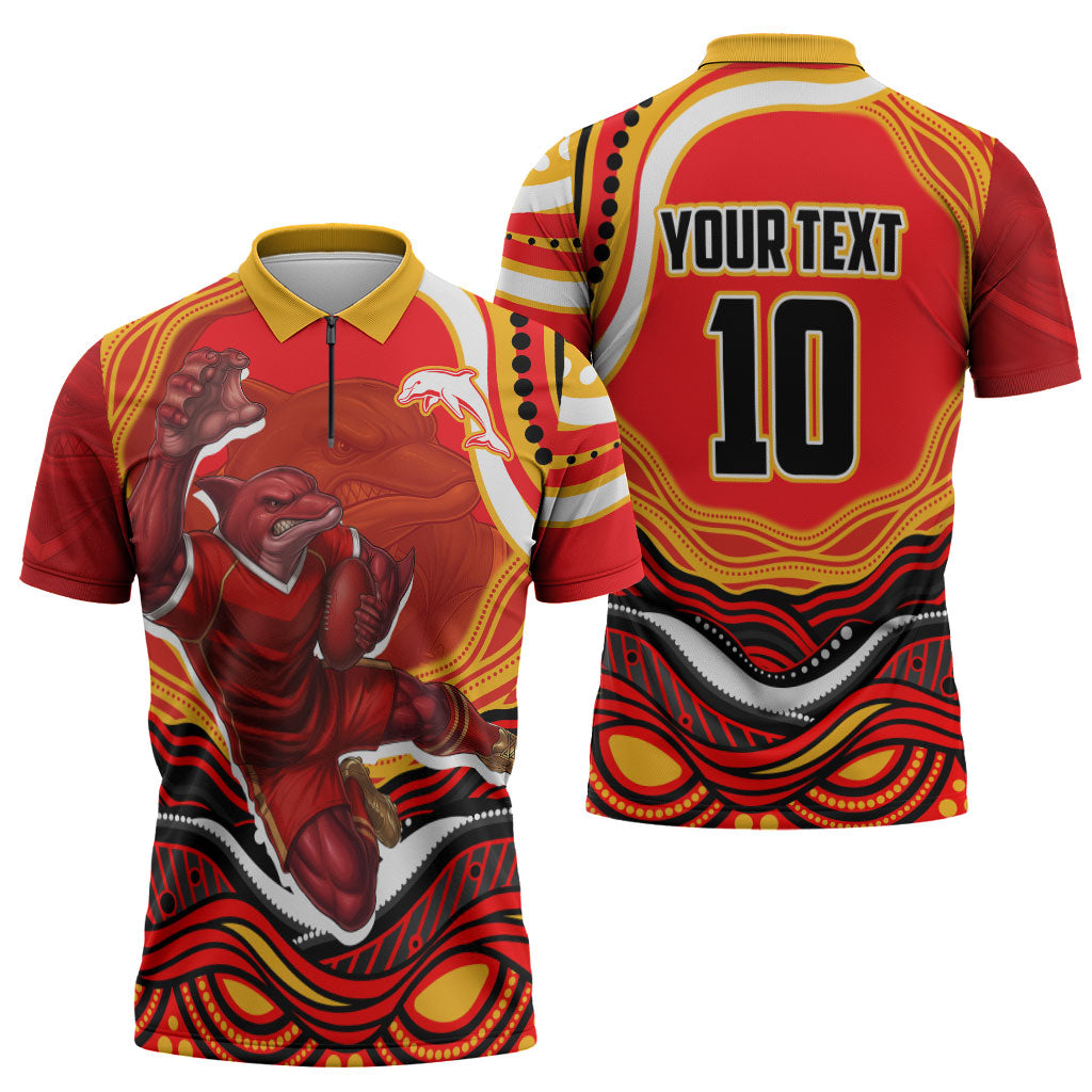 Personalized Redcliffe Dolphins Zipper Polo Shirt Aboriginal Dot Art - Dreamtime Rugby Mascot
