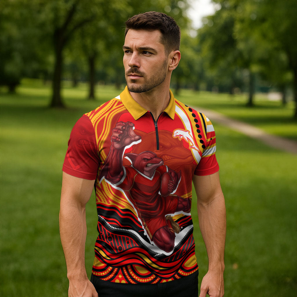 Personalized Redcliffe Dolphins Zipper Polo Shirt Aboriginal Dot Art - Dreamtime Rugby Mascot