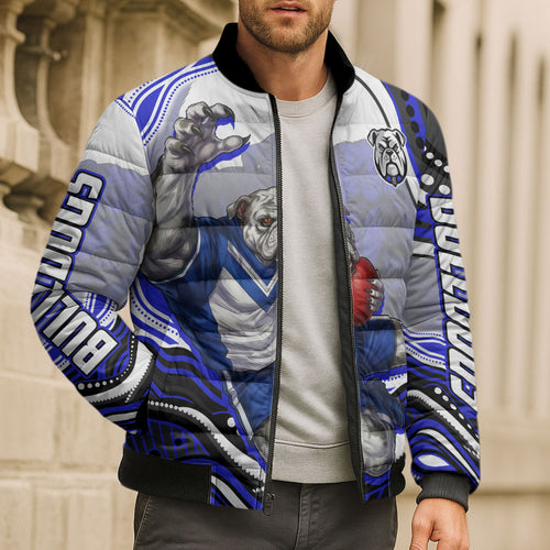 Personalized Canterbury Bankstown Bulldogs Bomber Puffer Jacket Aboriginal Dot Art - Dreamtime Rugby Mascot