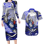 Personalized Canterbury Bankstown Bulldogs Couples Matching Long Sleeve Bodycon Dress and Hawaiian Shirt Aboriginal Dot Art - Dreamtime Rugby Mascot