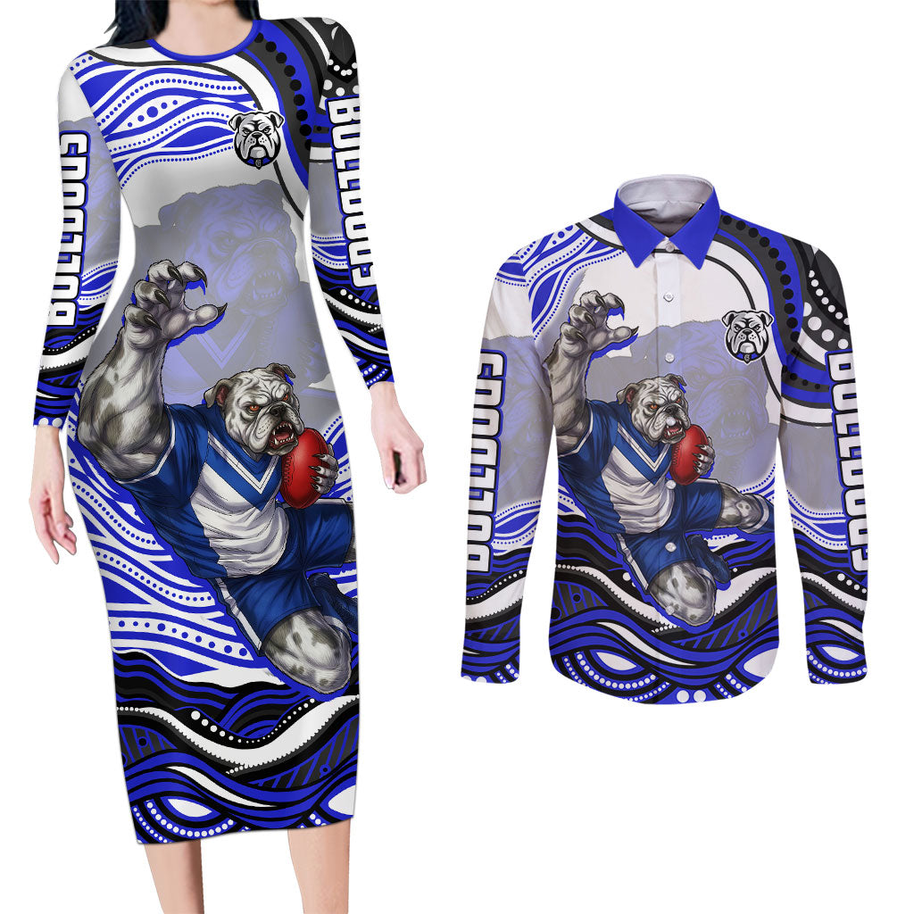 Personalized Canterbury Bankstown Bulldogs Couples Matching Long Sleeve Bodycon Dress and Long Sleeve Button Shirt Aboriginal Dot Art - Dreamtime Rugby Mascot
