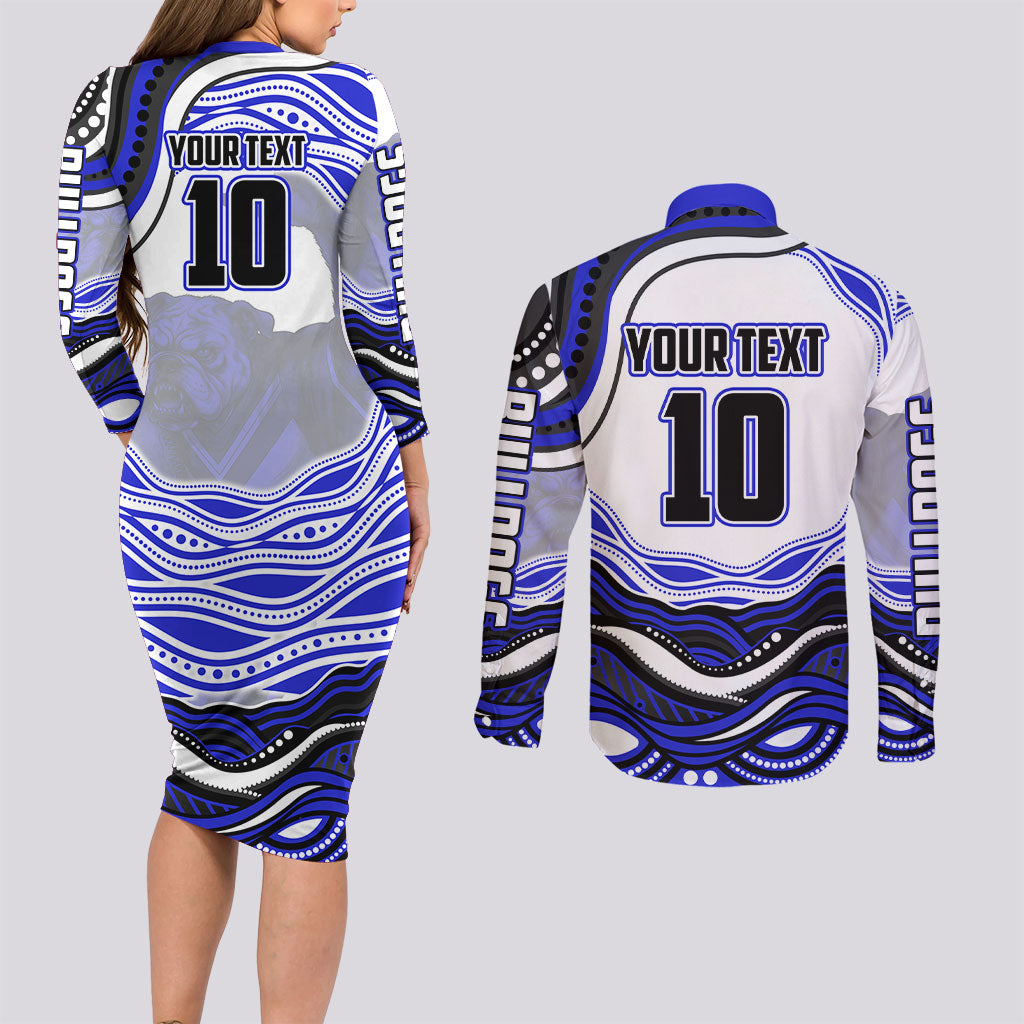 Personalized Canterbury Bankstown Bulldogs Couples Matching Long Sleeve Bodycon Dress and Long Sleeve Button Shirt Aboriginal Dot Art - Dreamtime Rugby Mascot
