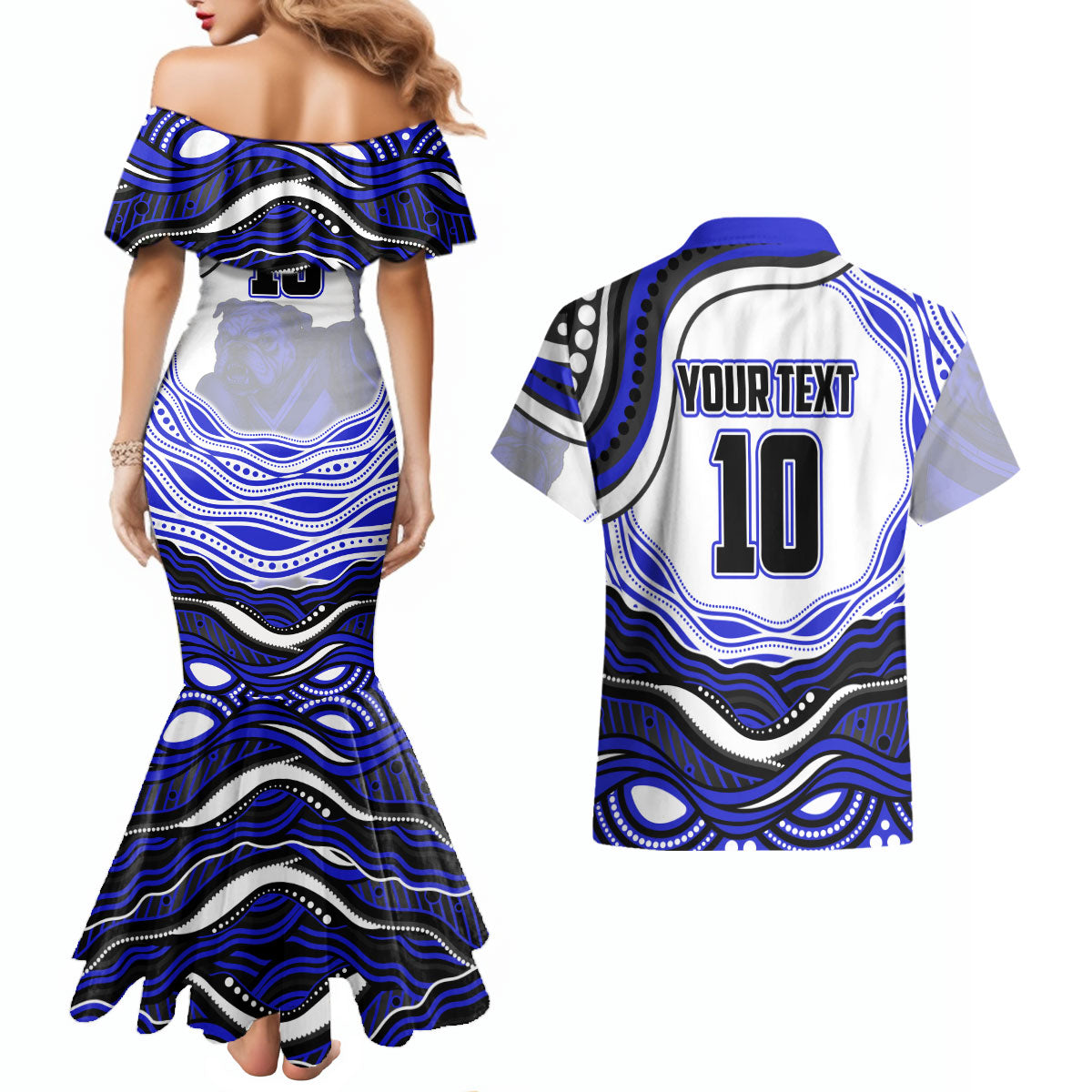Personalized Canterbury Bankstown Bulldogs Couples Matching Mermaid Dress and Hawaiian Shirt Aboriginal Dot Art - Dreamtime Rugby Mascot