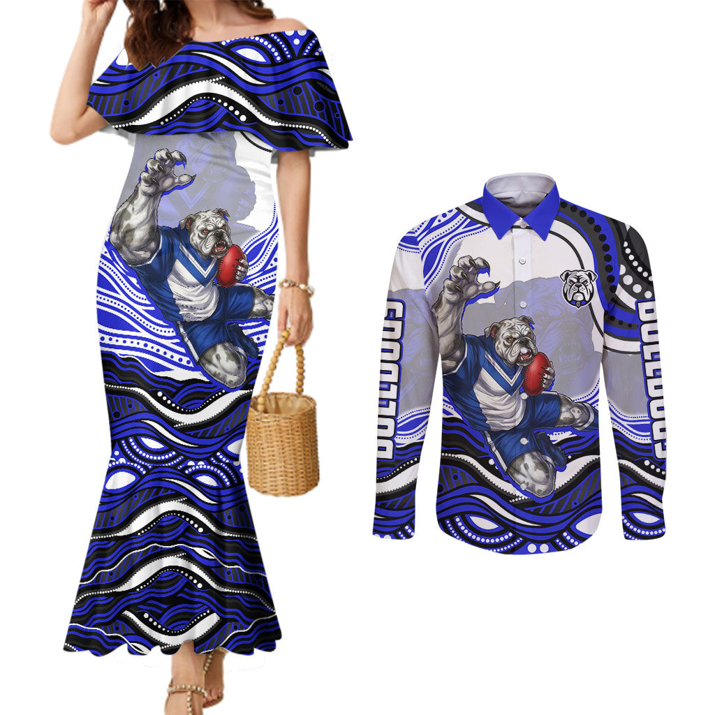 Personalized Canterbury Bankstown Bulldogs Couples Matching Mermaid Dress and Long Sleeve Button Shirt Aboriginal Dot Art - Dreamtime Rugby Mascot