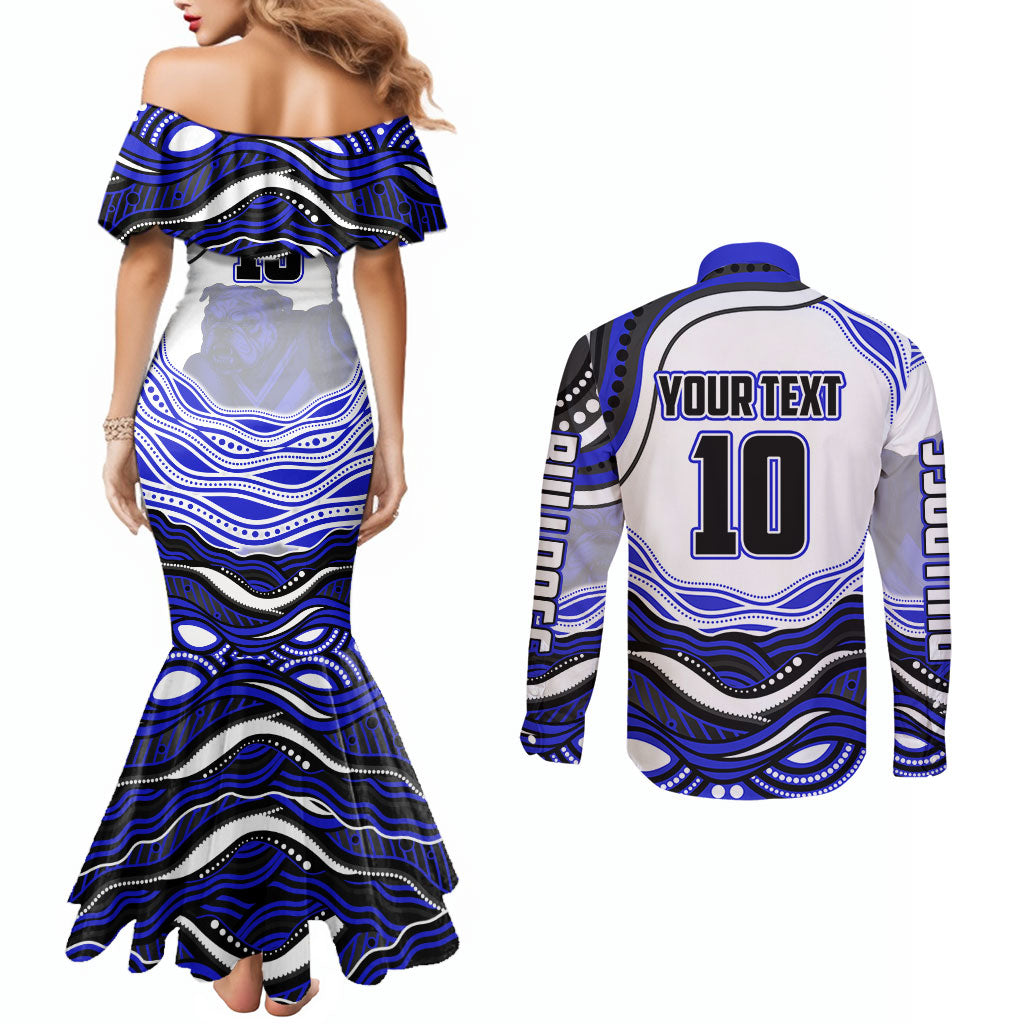 Personalized Canterbury Bankstown Bulldogs Couples Matching Mermaid Dress and Long Sleeve Button Shirt Aboriginal Dot Art - Dreamtime Rugby Mascot