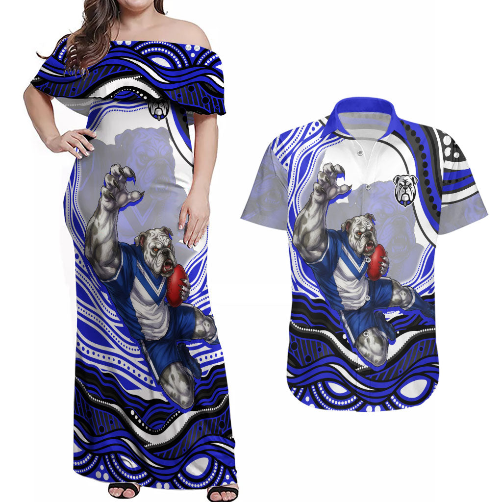 Personalized Canterbury Bankstown Bulldogs Couples Matching Off Shoulder Maxi Dress and Hawaiian Shirt Aboriginal Dot Art - Dreamtime Rugby Mascot