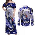 Personalized Canterbury Bankstown Bulldogs Couples Matching Off Shoulder Maxi Dress and Long Sleeve Button Shirt Aboriginal Dot Art - Dreamtime Rugby Mascot