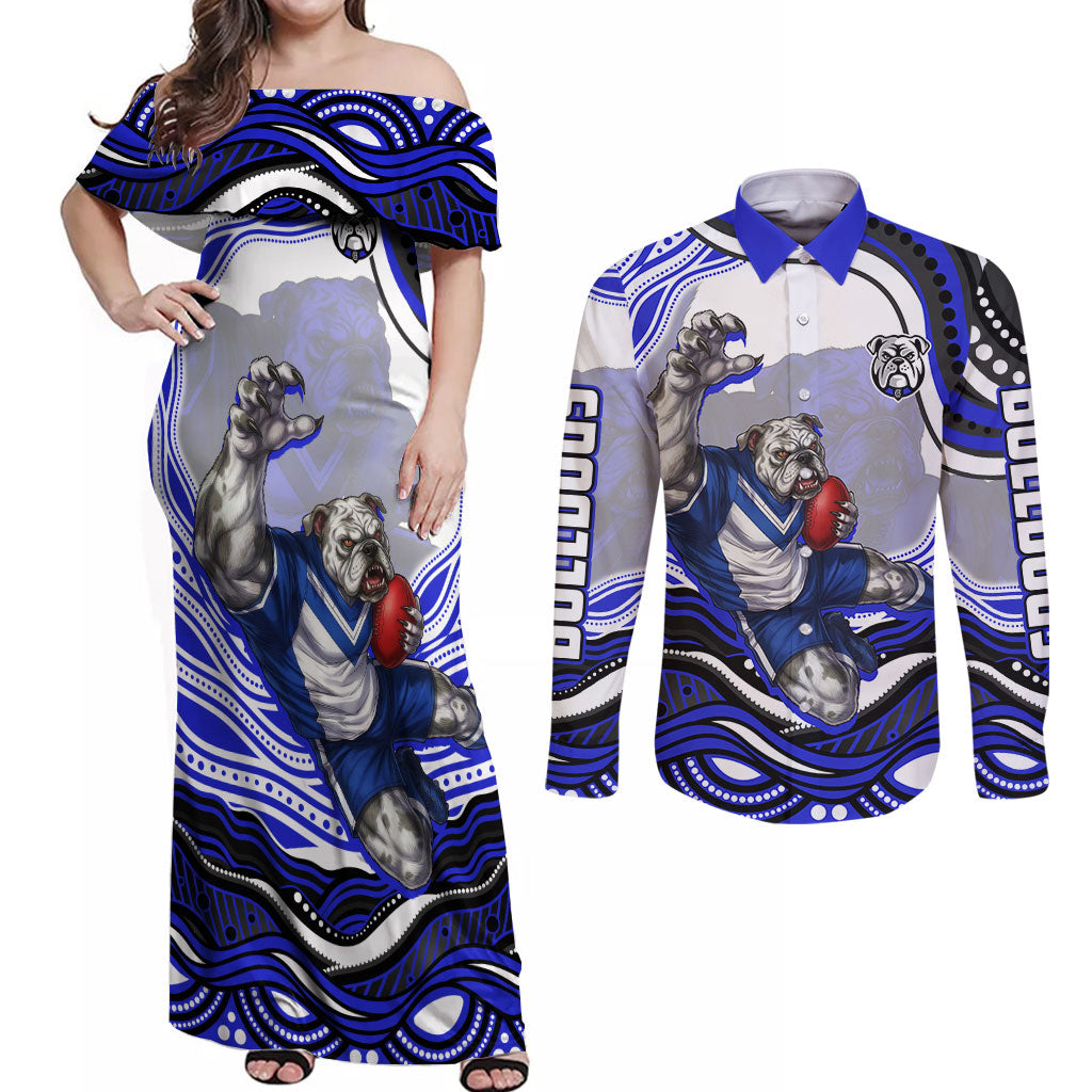Personalized Canterbury Bankstown Bulldogs Couples Matching Off Shoulder Maxi Dress and Long Sleeve Button Shirt Aboriginal Dot Art - Dreamtime Rugby Mascot