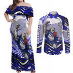 Personalized Canterbury Bankstown Bulldogs Couples Matching Off Shoulder Maxi Dress and Long Sleeve Button Shirt Aboriginal Dot Art - Dreamtime Rugby Mascot