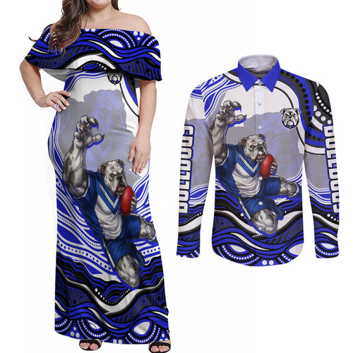 Personalized Canterbury Bankstown Bulldogs Couples Matching Off Shoulder Maxi Dress and Long Sleeve Button Shirt Aboriginal Dot Art - Dreamtime Rugby Mascot
