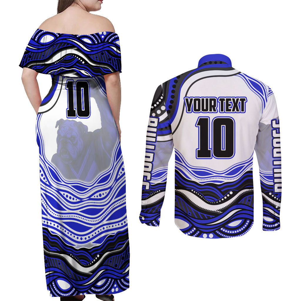 Personalized Canterbury Bankstown Bulldogs Couples Matching Off Shoulder Maxi Dress and Long Sleeve Button Shirt Aboriginal Dot Art - Dreamtime Rugby Mascot