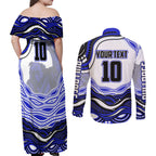 Personalized Canterbury Bankstown Bulldogs Couples Matching Off Shoulder Maxi Dress and Long Sleeve Button Shirt Aboriginal Dot Art - Dreamtime Rugby Mascot