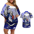 Personalized Canterbury Bankstown Bulldogs Couples Matching Off Shoulder Short Dress and Hawaiian Shirt Aboriginal Dot Art - Dreamtime Rugby Mascot