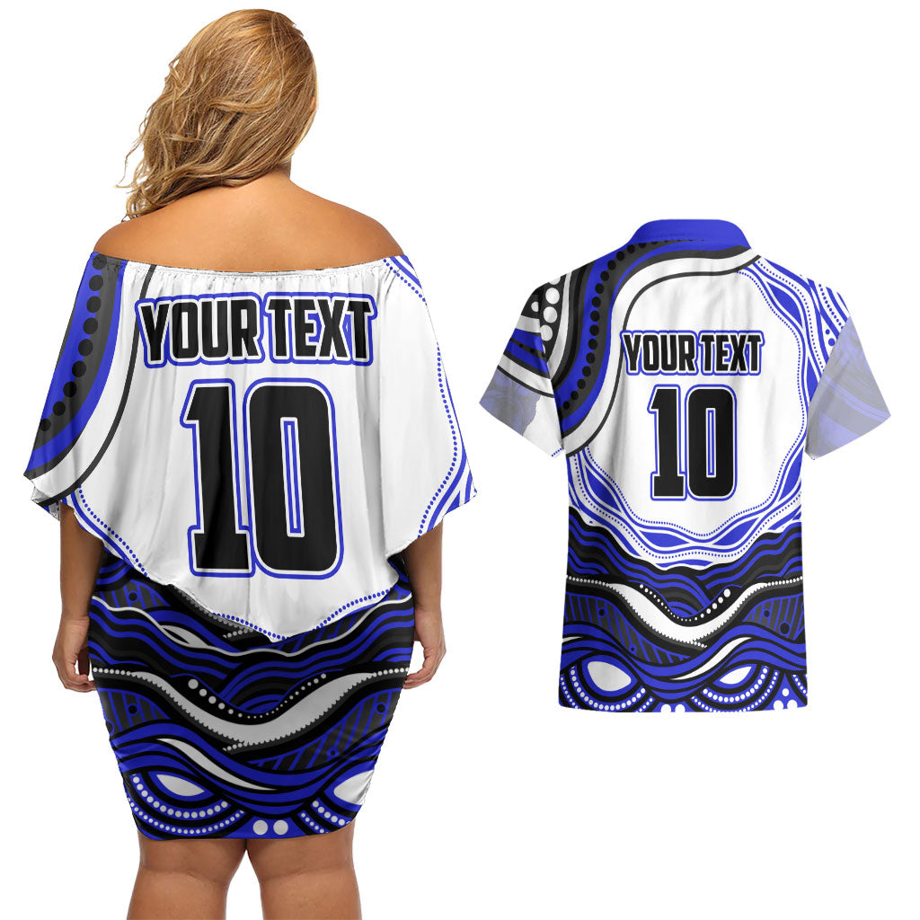Personalized Canterbury Bankstown Bulldogs Couples Matching Off Shoulder Short Dress and Hawaiian Shirt Aboriginal Dot Art - Dreamtime Rugby Mascot