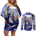 Personalized Canterbury Bankstown Bulldogs Couples Matching Off Shoulder Short Dress and Long Sleeve Button Shirt Aboriginal Dot Art - Dreamtime Rugby Mascot