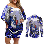 Personalized Canterbury Bankstown Bulldogs Couples Matching Off Shoulder Short Dress and Long Sleeve Button Shirt Aboriginal Dot Art - Dreamtime Rugby Mascot