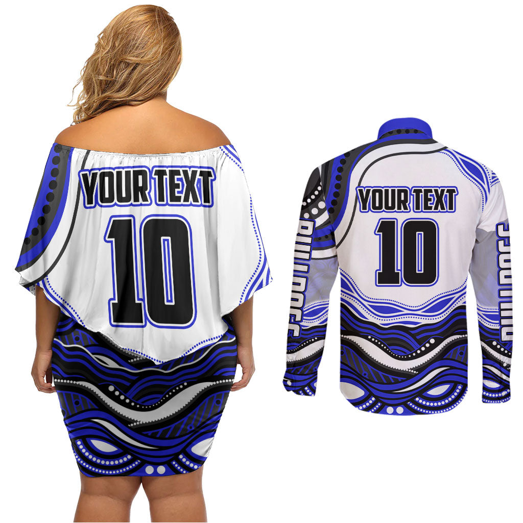 Personalized Canterbury Bankstown Bulldogs Couples Matching Off Shoulder Short Dress and Long Sleeve Button Shirt Aboriginal Dot Art - Dreamtime Rugby Mascot