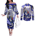 Personalized Canterbury Bankstown Bulldogs Couples Matching Off The Shoulder Long Sleeve Dress and Long Sleeve Button Shirt Aboriginal Dot Art - Dreamtime Rugby Mascot
